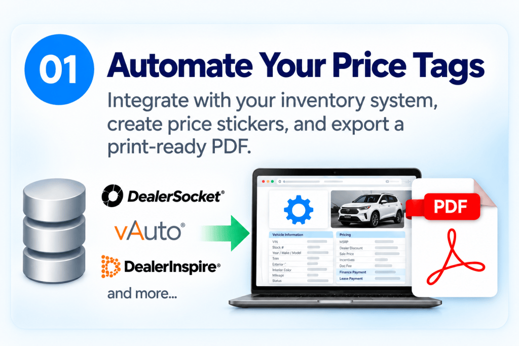 automating price tags for vehicles, featuring integration with inventory systems, the creation of price stickers, and the export of a print-ready PDF. 